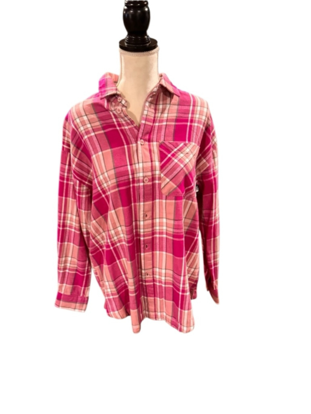 Women's The North Face Plaid flannel Button Down Shirt Large Pink White b8